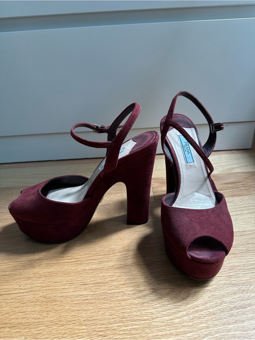 Prada Burgundy Platform Peep-Toe Suede Heels size 38